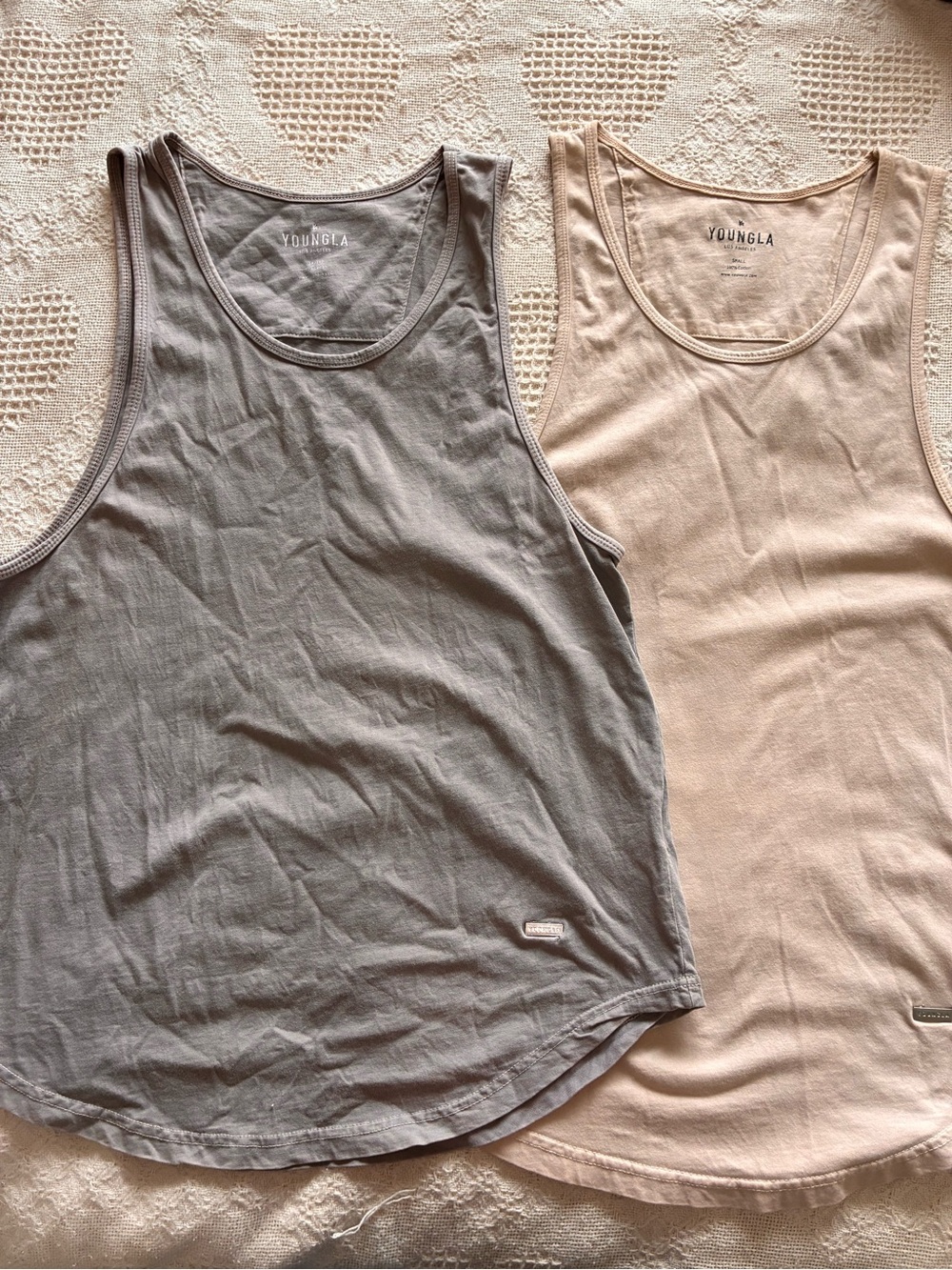 Lot of 2 Young LA Men's Tank Top Activewear Gym Wear Workout Gray, Tan Sz Small